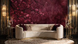Elegant cherry blossom wallpaper featuring pink blooms shown in sophisticated living room with cream sofa