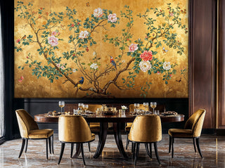 Elegant chinoiserie wallpaper with birds and roses in formal dining room with round table setting