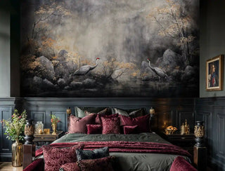 Elegant crane wallpaper in stormy palette, displayed in luxurious bedroom with burgundy bedding