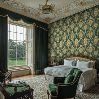 Elegant damask wallpaper featuring intricate gold scrollwork on emerald backdrop in grand bedroom with ornate furniture