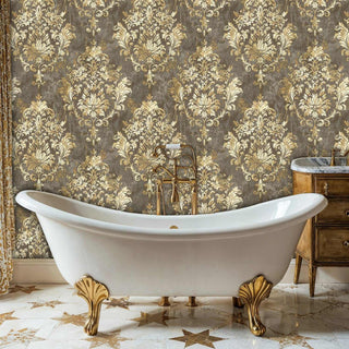 Elegant damask wallpaper with floral motifs in sophisticated bathroom with clawfoot bathtub