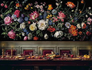 Elegant dark floral wallpaper in formal dining room with ornate table setting and crystal glassware