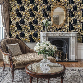 Elegant feline wallpaper with golden accents featured in classic living room with marble fireplace