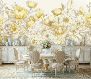 Elegant floral wallpaper featuring golden blooms and delicate stems, shown in classic dining room with ornate furniture