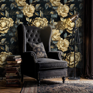 Elegant floral wallpaper with cream blooms in reading corner with wingback chair and floor lamp
