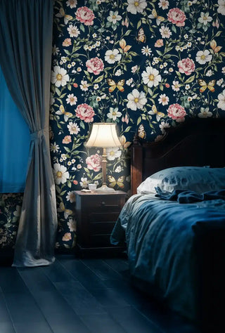 Elegant floral wallpaper with golden butterflies, shown in cozy bedroom with navy curtains and linens