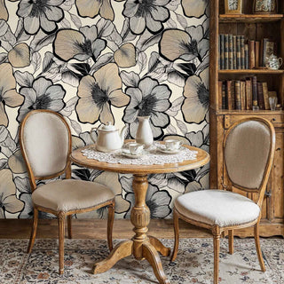 Elegant floral wallpaper with hand-drawn hibiscus patterns, displayed in vintage dining room with ornate table and chairs