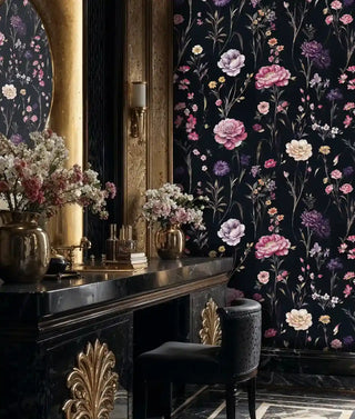 Elegant floral wallpaper with pink and purple blooms, featured in luxurious bathroom with marble vanity