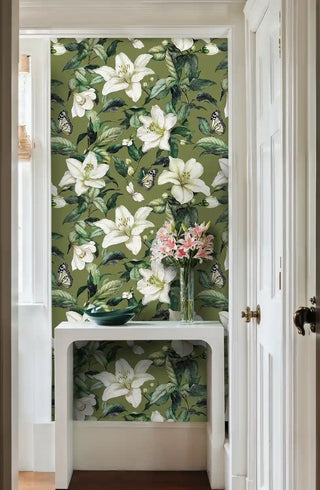 Elegant floral wallpaper with white lilies on green background, displayed in bathroom niche with vase