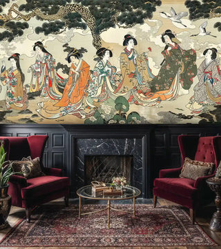 Elegant geisha wallpaper with traditional pine motifs in beige and orange, featured in living room with marble fireplace