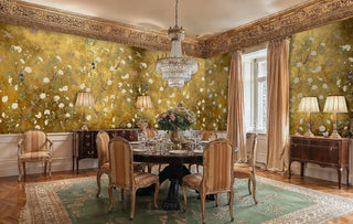 Elegant golden floral wallpaper featuring birds and white flowers in formal dining room with crystal chandelier