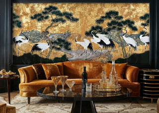 Elegant Japanese crane wall mural with black wing details, showcased in sophisticated lounge with velvet orange sofa