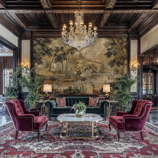 Elegant landscape wall mural with palatial architecture and botanical details, featured in a luxurious library with coffered ceiling