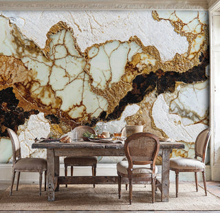 elegant marble wall mural featuring gold accents, displayed in rustic dining room with wooden table