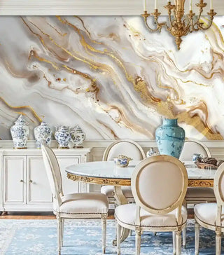 Elegant marble wallpaper with gold accents in formal dining room with crystal chandelier