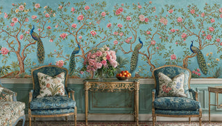 Elegant peacock and peony wall mural in turquoise, displayed in formal sitting room with ornate console table