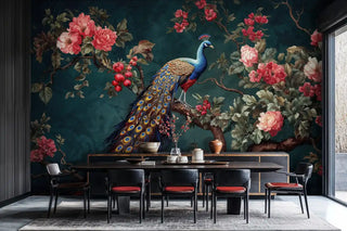 Elegant peacock and rose wall mural with rich colors in modern dining room with black chairs and red accents