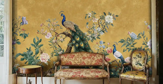 Elegant peacock floral wall mural displayed in classic parlor with antique settee and chair