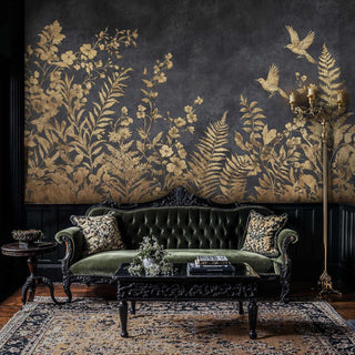 Elegant study with gilded garden wall mural behind dark green tufted settee and brass floor lamp
