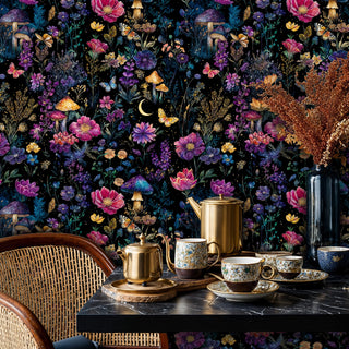 Enchanted floral wallpaper with mushrooms and cosmos flowers, displayed in elegant dining room with golden teapot