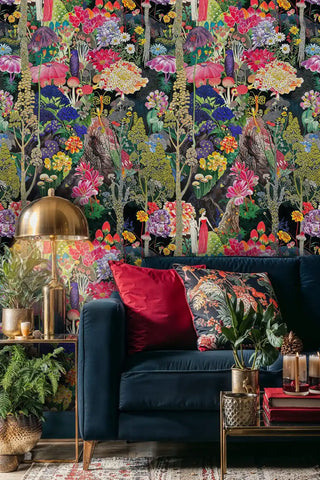 Enchanted floral wallpaper with rich colors and magical details, shown in modern living room with brass lamp