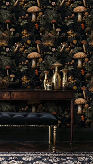 Enchanted forest mushroom wallpaper featuring spotted toadstools and woodland botanicals in rich earth tones, styled in elegant entryway