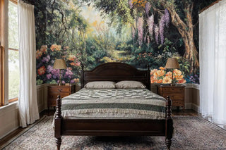 Enchanted forest wall mural featuring cascading flowers and water scene in cozy bedroom with dark wood furniture