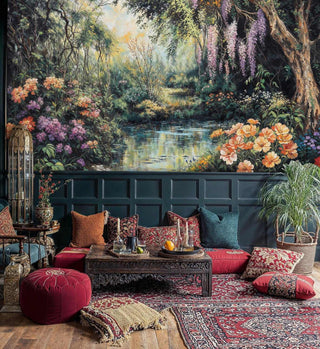 Enchanted forest wall mural with cascading flowers in bohemian living room with red velvet cushions