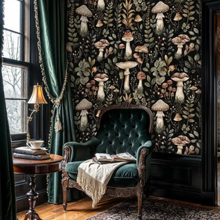 enchanted forest wallpaper with botanical mushrooms, in traditional study with tufted green armchair