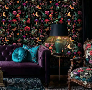 Enchanted forest wallpaper with butterflies in luxurious living room with purple velvet sofa and brass lamp