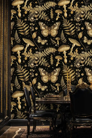 Enchanted forest wallpaper with golden butterflies and ferns on black, shown in elegant dining room