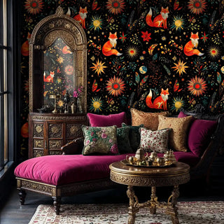 enchanted fox wallpaper with celestial details, styled in luxurious sitting area with purple velvet chaise