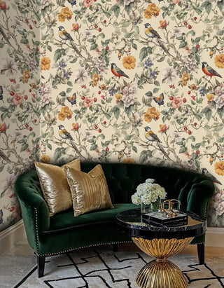 Enchanted garden wallpaper with butterflies and florals displayed in luxurious living room with green sofa
