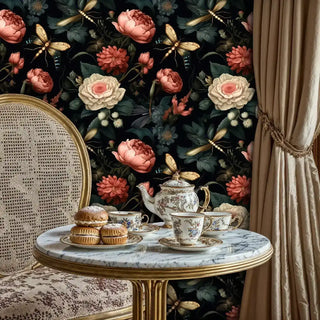 Enchanted garden wallpaper with detailed peonies and dragonflies in a luxurious style, shown in an elegant dining area with a marble-top table.