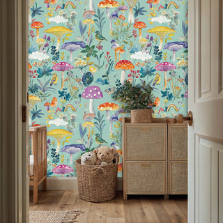 Enchanted mushroom wallpaper with woodland creatures and flora, shown in child's room with toy storage