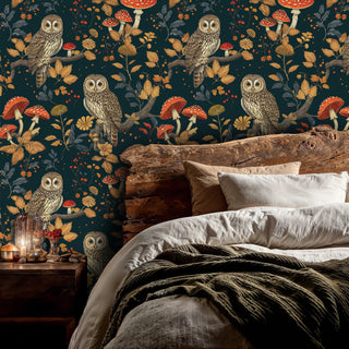 Enchanted owl wall mural with mushrooms and berries displayed in rustic bedroom with wooden headboard