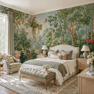 Enchanted peony garden wall mural with soft green trees and blooms in a serene bedroom with tufted bench and armchair