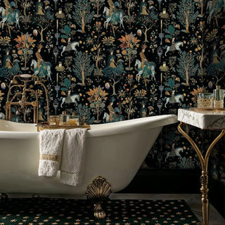Enchanted storybook wallpaper with mystical riders and teal florals, shown in luxurious bathroom with clawfoot tub