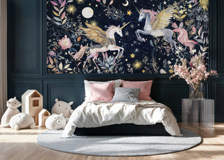 Enchanted unicorn Wall Mural with golden wings and celestial stars, displayed in sophisticated kids bedroom