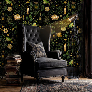 Enchanted wallpaper with lotus flowers and mystical symbols, shown in sophisticated study with leather wingback chair