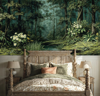 Enchanted woodland wall mural featuring misty trees and a gentle brook behind a rustic wooden bed