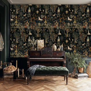 Enchanted woodland wallpaper featuring castles and florals in elegant room with upright piano