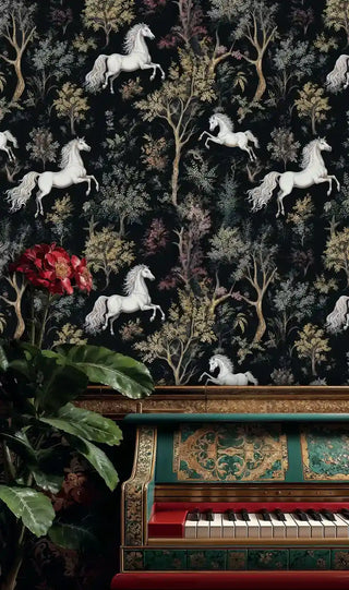Enchanted woodland wallpaper with galloping horses and autumn foliage, shown in music room with ornate piano