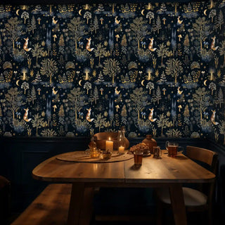 Enchanted woodland wallpaper with golden foxes and celestial elements in cozy dining room with candles
