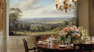 English countryside landscape wall mural with rolling hills and trees, displayed in elegant dining room