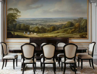 English countryside wall mural featuring pastoral scene with cattle in elegant dining room with black table