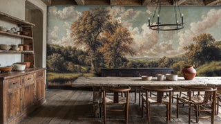 English countryside wall mural with oak trees and river valley in rustic dining room with wooden table