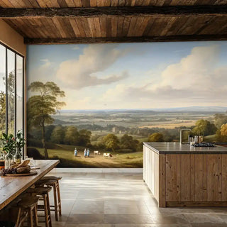 English countryside wall mural with pastoral scene in rustic kitchen featuring exposed wooden beams