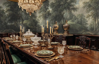 English countryside wallpaper showing ancient trees and rolling landscape, in ornate dining room with candelabras
