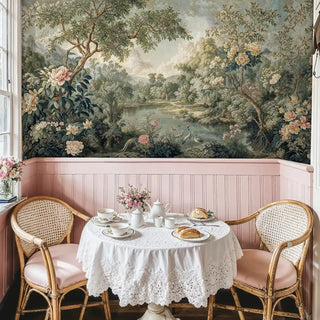 English garden wall mural with cranes and blooms in soft tones, in charming breakfast nook with lace tablecloth